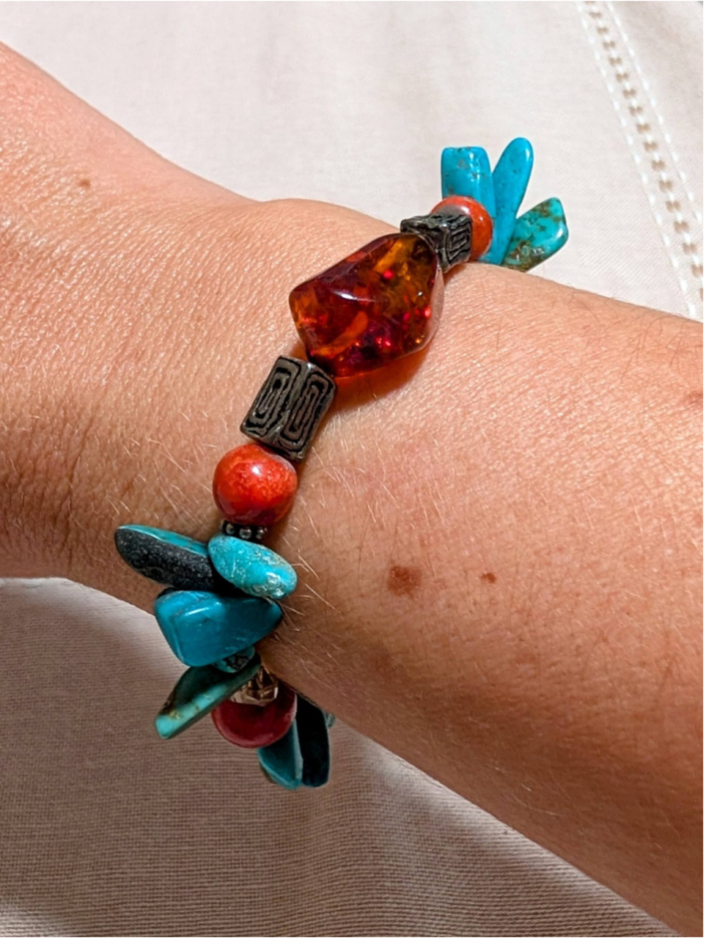 Artisan Turquoise Chip Coral Bead Amber Glass Boho Lobster Bracelet Southwest - Picture 2 of 6